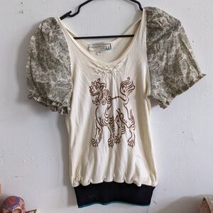 Puff Sleeve Griffon Chinese Lion Upcycled Blouse Tee XS - Indie Designer